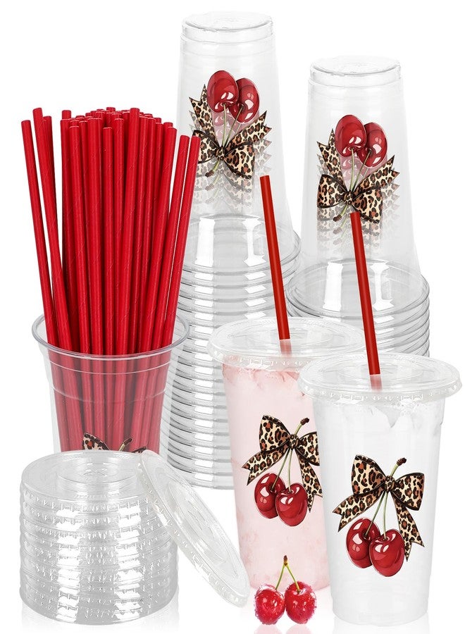 JarThenaAMCS مجموعة جارثينا إيه إم سي إس، ٥٠ قطعة من الأكواب البلاستيكية بنقشة جلد الفهد والكرز، مع أغطية وماصات، أكواب للاستخدام مرة واحدة، سعة ١٢ أونصة، بنقشة جلد الفهد والكرز الأحمر، مثالية لحفلات توديع العزوبية وحفلات ما قبل الزفاف. - Image 1